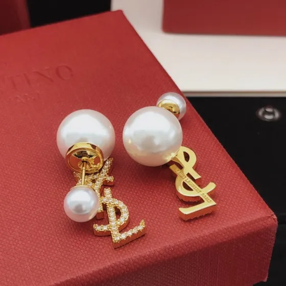 Saint Laurent Cassandre Pearl Crystal Drop Earrings earrings Gold-tone metal white faux pearls clear crystal pave One Size post length 1cm drop length 2cm