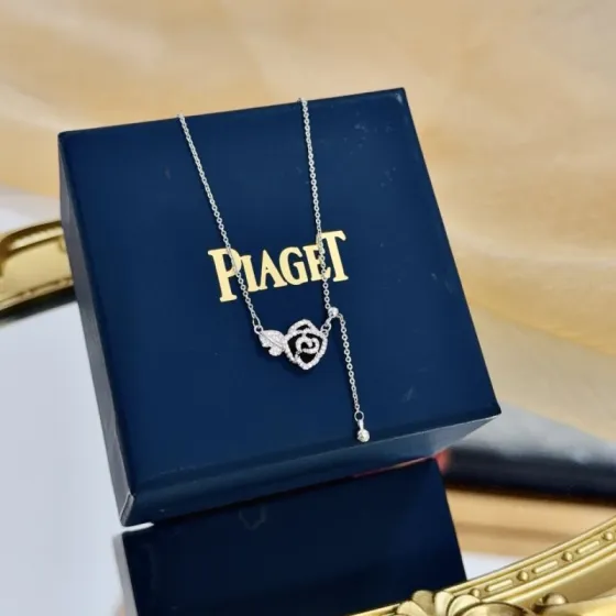 Piaget Rose necklace silver-toned white gold with clear diamond accents and black enamel 42cm adjustable