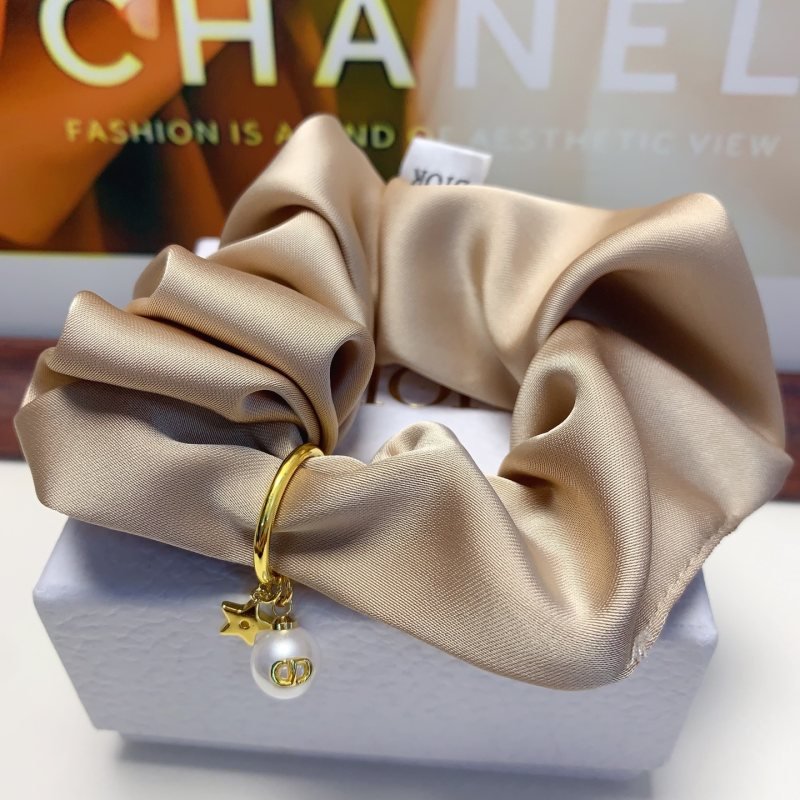 Dior CD Logo Pearl Star Satin Scrunchie bracelet champagne satin gold-tone metal white faux pearl 10cm diameter