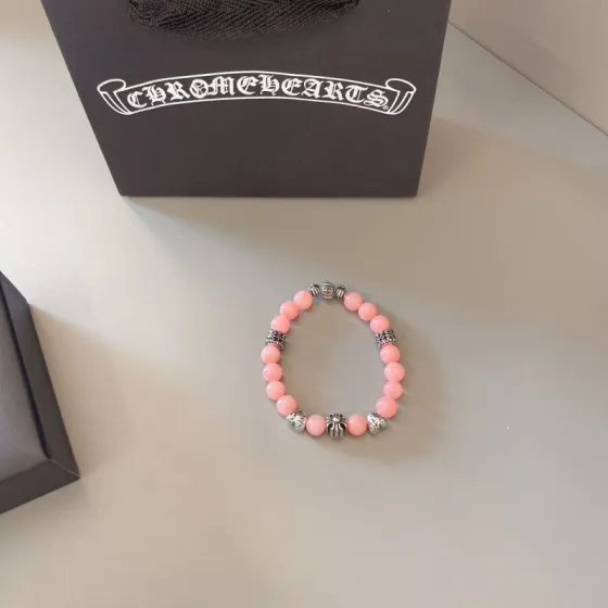 Chrome Hearts Beaded Cross Heart Charm Bracelet bracelet Sterling silver with light pink opal-like beads and tiny pink accent stones 18cm
