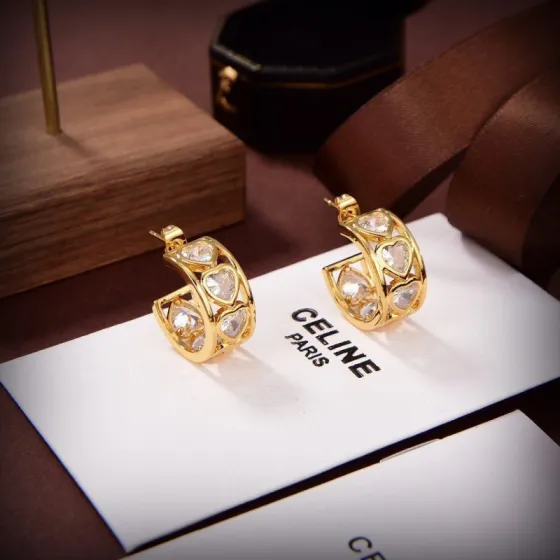 Celine PRECLOUS Heart Crystal Hoop earrings 18k gold plated metal with clear heart-cut crystal stones 1 5cm hoop diameter