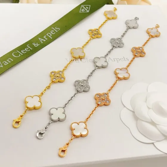 Van Cleef Arpels Alhambra bracelet Yellow gold with white mother-of-pearl and diamond accents White gold with white mother-of-pearl and diamond accents Rose gold with white mother-of-pearl and diamond accents 18cm