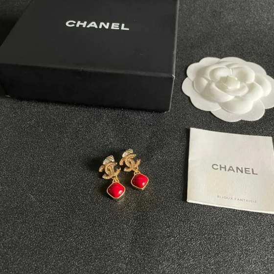 Chanel CC Logo Red Drop Earrings earrings gold-tone metal with clear crystals and glossy red resin 2 2cm drop length