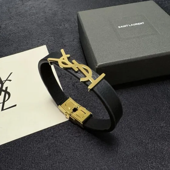 Saint Laurent Cassandre YSL Monogram Leather Bracelet bracelet Black grained leather with gold-tone metal hardware 19cm
