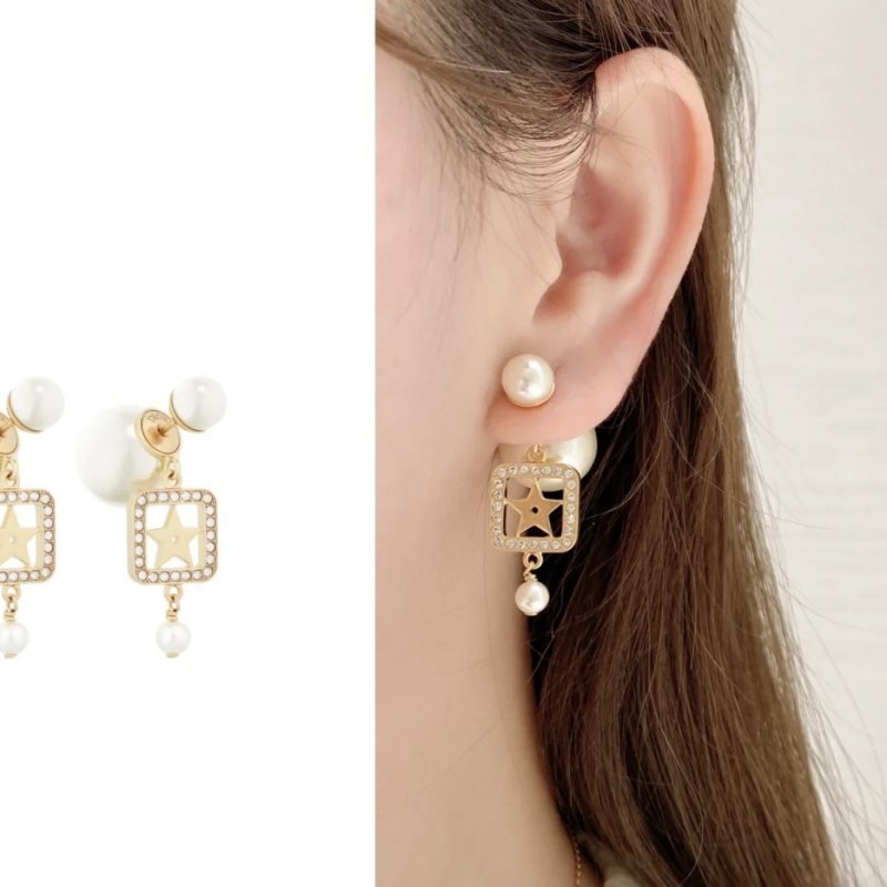 Dior Tribales Star Square Pearl Drop Earrings earrings Gold-tone metal white faux pearls clear crystal accents One Size drop length approx 3cm