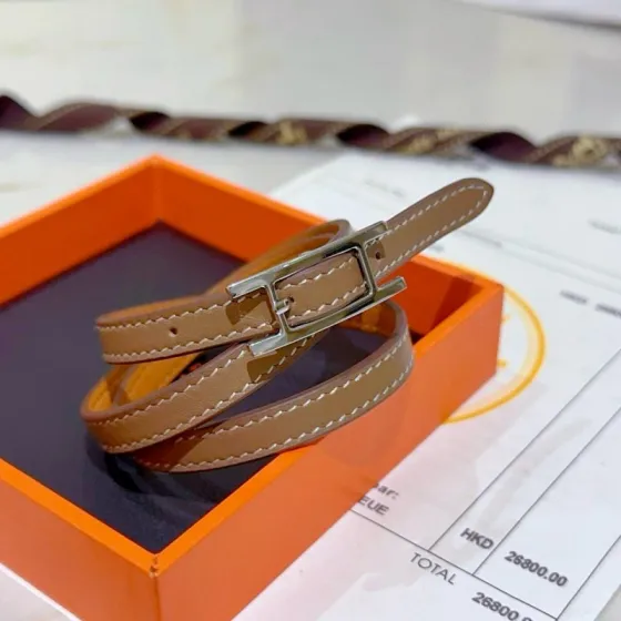 Hermes Behapi Double Tour bracelet Etoupe taupe leather with palladium silver hardware white contrast stitching 38cm