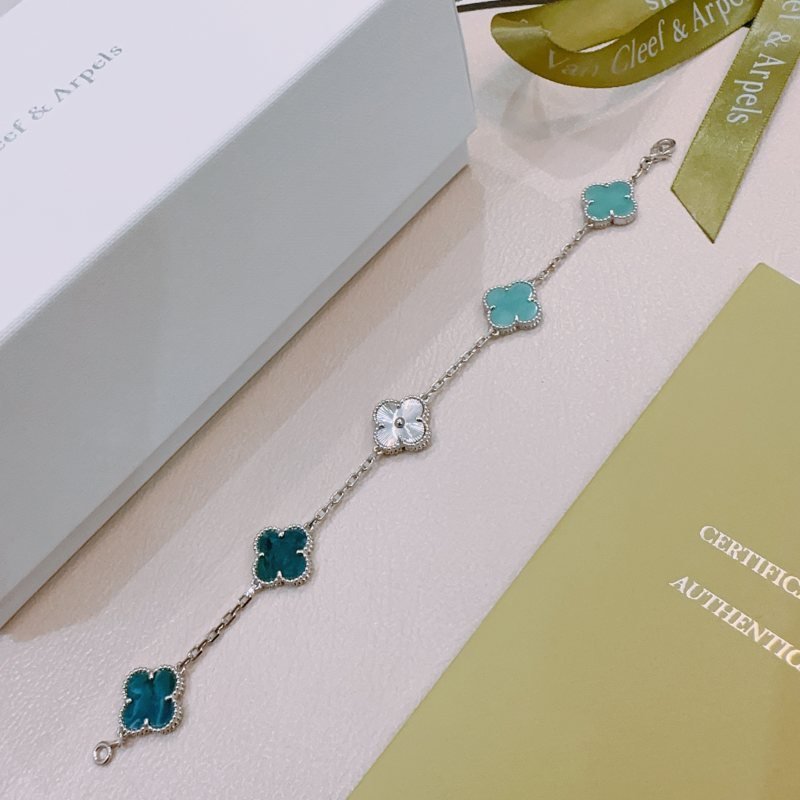Van Cleef Arpels Alhambra bracelet silver-toned metal with turquoise blue teal blue and silver guilloche four-leaf clover motifs 17cm