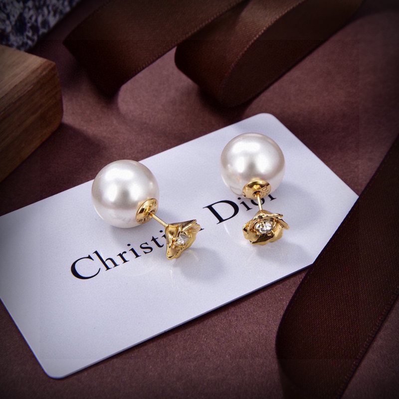 Dior Rose Pearl Double Sided Stud Earrings earrings gold-tone metal white pearl clear crystal 12mm pearl diameter 10mm post length