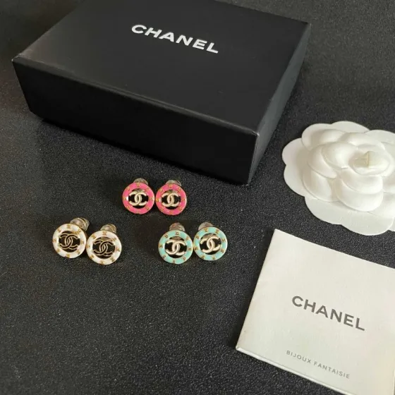 Chanel CC Logo Round Enamel Stud Earrings earrings Light gold tone metal with pastel mint blue enamel 1 2cm diameter