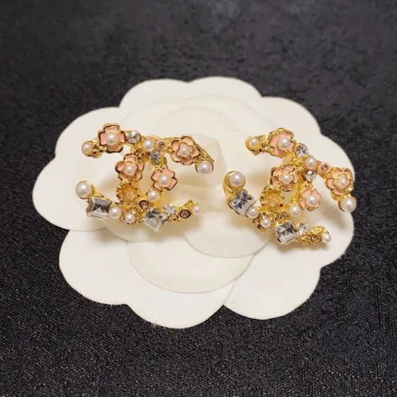 Chanel CC Logo Floral Pearl Crystal Stud Earrings earrings gold-tone metal light pink enamel white faux pearl clear crystal champagne crystal 2cm stud diameter