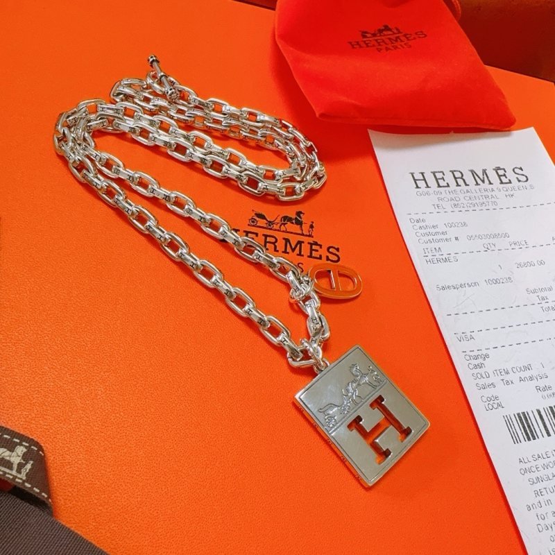 Hermes H Square Pendant Farandole Chain necklace Silver-toned metal with orange enamel accents 60cm