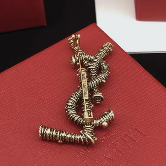 Saint Laurent YXZ0013 Cassandre Textured Monogram Brooch brooch antique gold tone metal no accent stones 4 5cm length