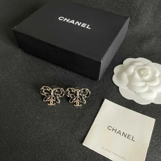 Chanel CC Bow Chain Drop Earrings earrings Light gold-tone metal with black leather inlay One Size 2cm width per earring