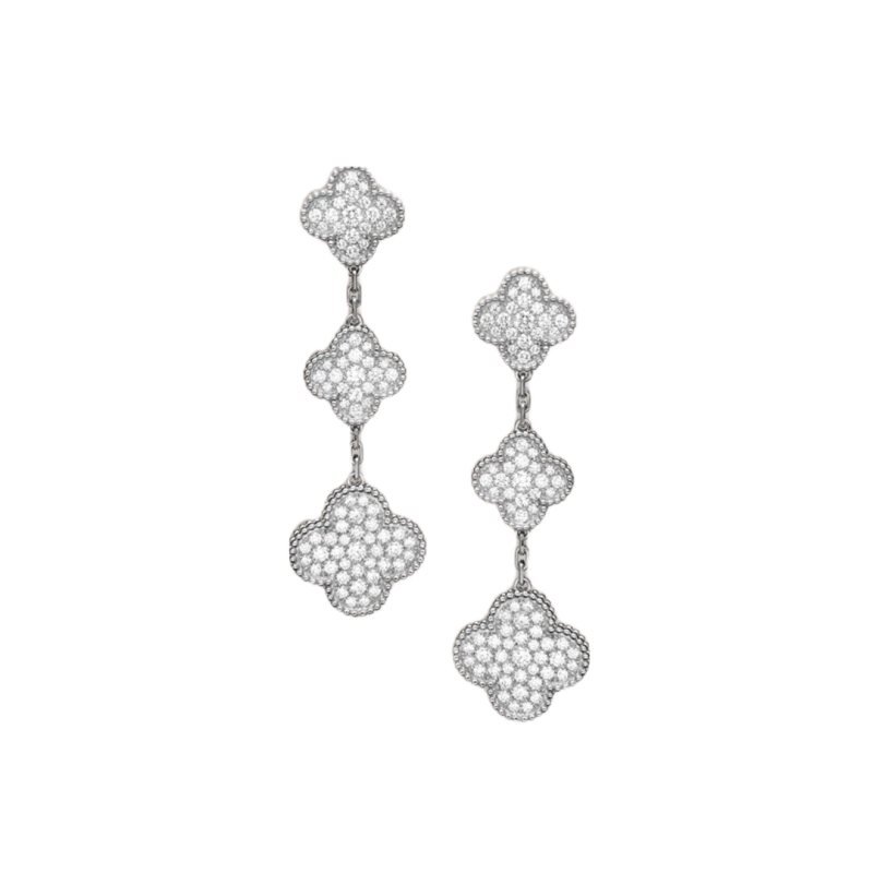 Van Cleef Arpels Magic Alhambra earrings white gold metal with full-pave clear diamonds 3 motifs drop length approximately 4 5cm