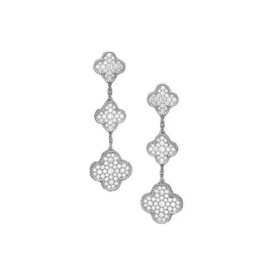 Van Cleef Arpels Magic Alhambra earrings white gold metal with full-pave clear diamonds 3 motifs drop length approximately 4 5cm