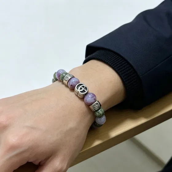 Gucci Anger Forest bracelet Aged silver metal with purple and green gemstone beads 18cm
