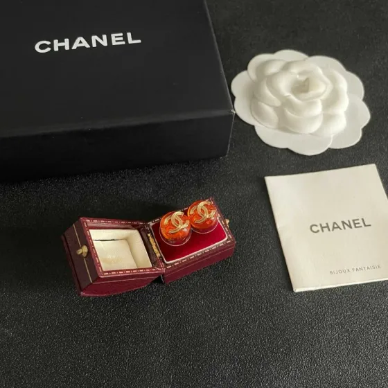 Chanel CC Logo Round Stud Earrings earrings gold-tone metal translucent orange resin 1 2cm diameter