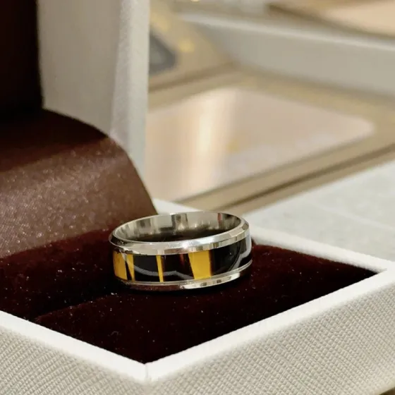 Bvlgari B zero1 ring Silver-toned stainless steel with yellow and black enamel inlay 60