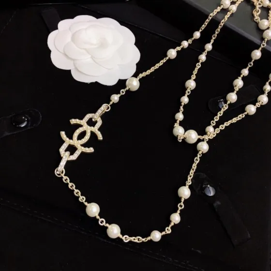 Chanel CC Pearl Long Necklace necklace Gold-tone metal cream white faux pearl clear crystal 80cm