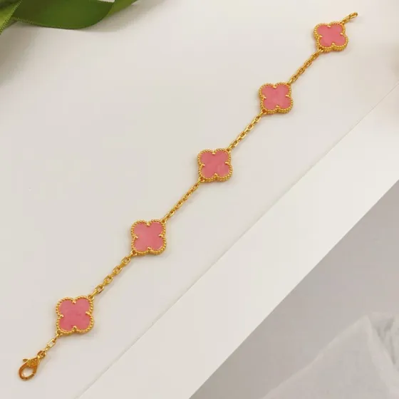 Van Cleef Arpels Vintage Alhambra bracelet Yellow gold with pink rhodonite clover motifs 18cm
