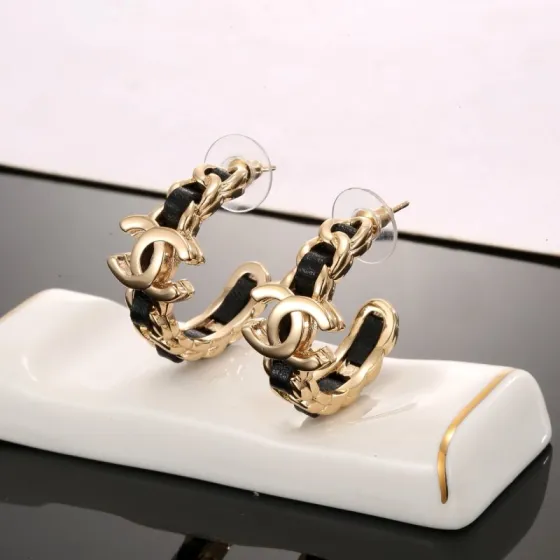 Chanel CC Interlocking Logo Leather Woven Chain Hoop Earrings earrings gold-tone metal with black leather inlay 2 5cm hoop diameter