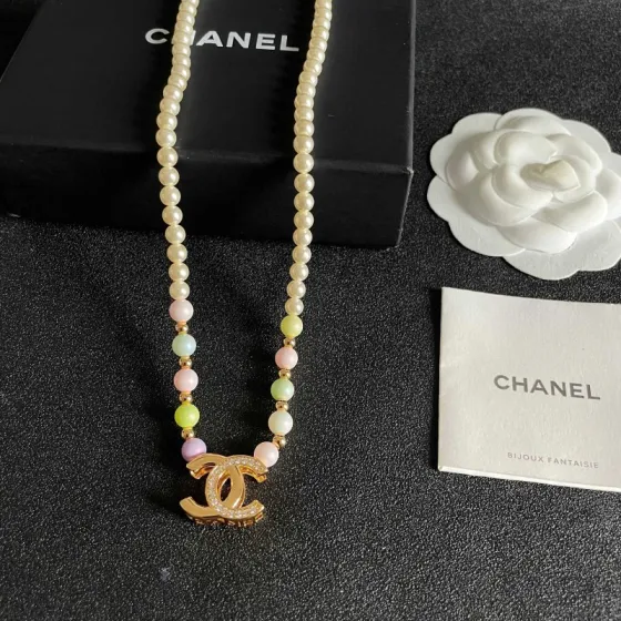 Chanel CC Logo Pastel Pearl Necklace necklace Gold-tone metal cream faux pearls pastel multicolor faux pearls clear crystal accents 42cm