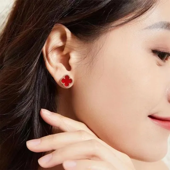 Van Cleef Arpels Sweet Alhambra earrings 18k yellow gold with carnelian red stone 9 5mm stud diameter