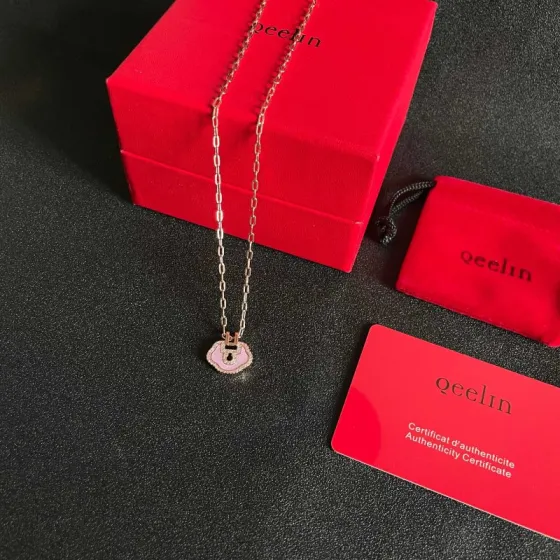 Qeelin Yu Yi Mini Ruyi Lock necklace Rose gold metal pale pink enamel clear diamond accents 42cm