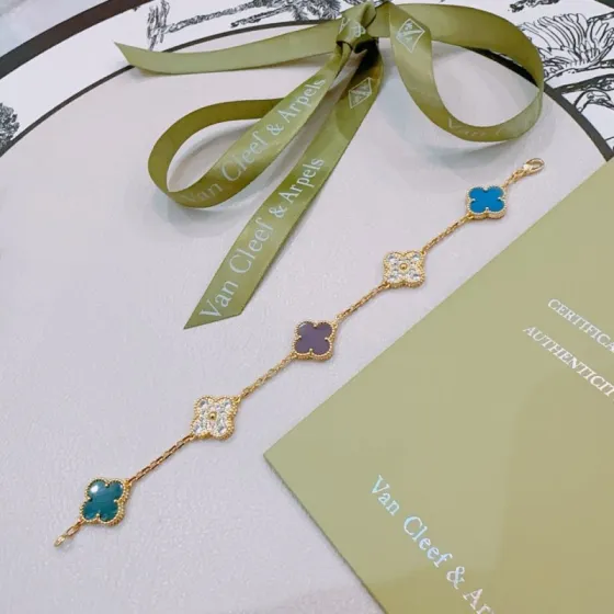 Van Cleef Arpels Alhambra bracelet Yellow gold with blue agate teal chalcedony purple chalcedony and clear diamond accents 18cm