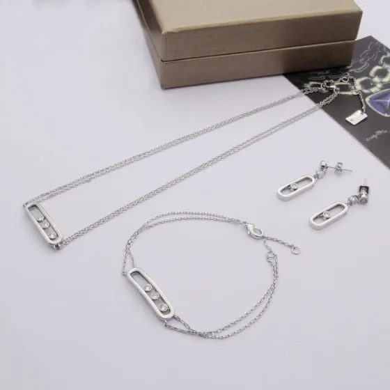 Messika Move Uno jewelry set silver rose gold yellow gold metal with clear diamond accents necklace 45cm bracelet 18cm with 2cm extender earrings stud post