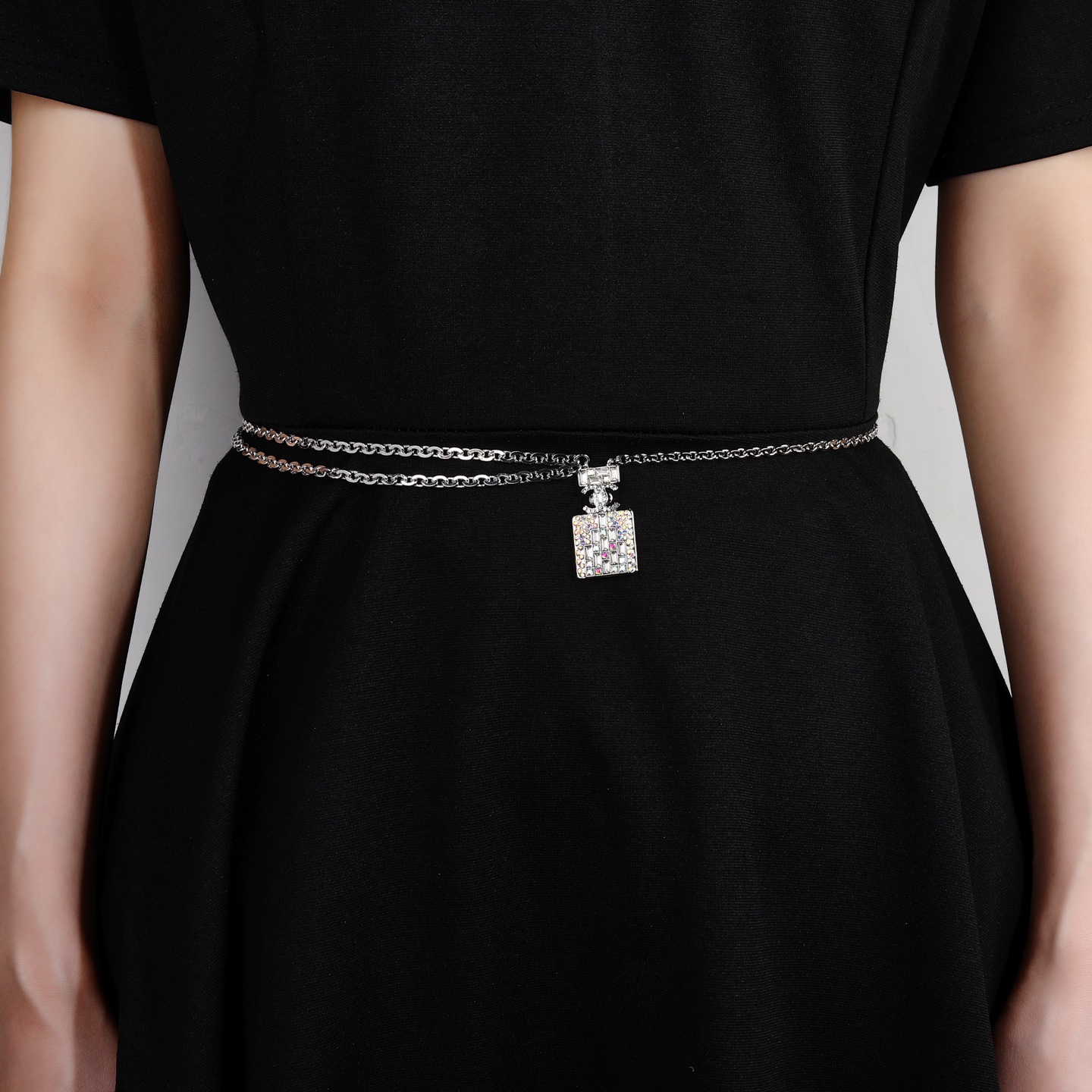 Chanel Goose Perfume Bottle Waist Chain necklace Silver-toned metal with iridescent clear crystal stones 80cm