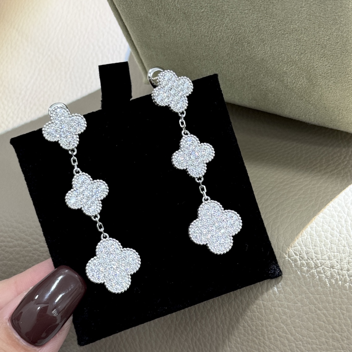 Van Cleef Arpels Magic Alhambra earrings white gold metal with full-pave clear diamonds 3 motifs drop length approximately 4 5cm