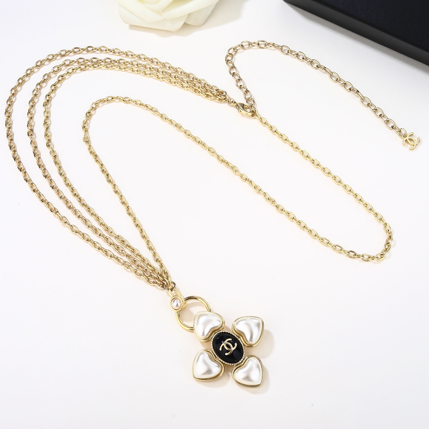 Chanel Goose series heart cross CC pendant necklace gold-tone metal white faux pearl black enamel 80cm