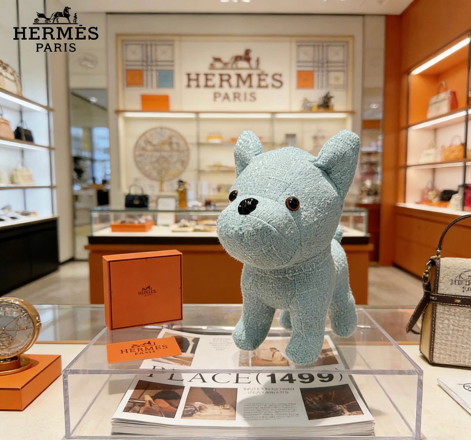 Pendentif Hermes Buddy French Bulldog Plush Charm Tissu texturé bleu clair avec yeux en plastique noir et marron nez en plastique noir 28cm