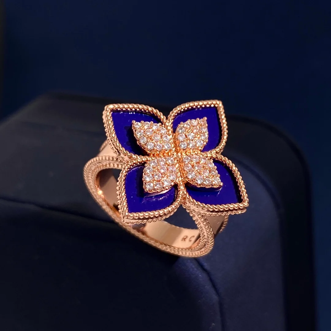 Anello Roberto Coin Princess Flower Oro rosa con lapislazzuli blu, onice nero e pavé di diamanti bianchi US 7