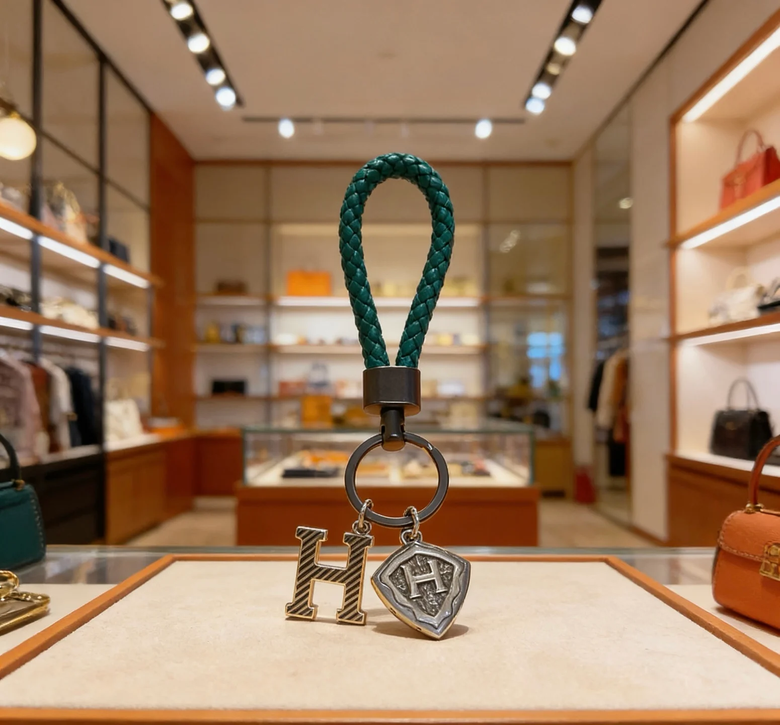 Ciondolo portachiavi intrecciato con logo Hermes H. Ciondolo portachiavi in ​​pelle intrecciata verde malachite, hardware color canna di fucile, ciondoli in metallo color argento antico 10 cm