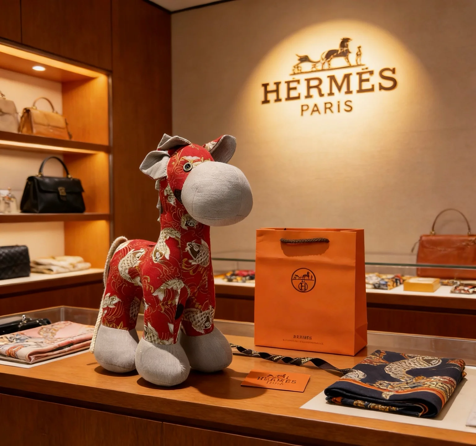 Spilla Hermes Hermy Horse in peluche Tessuto rosso con accenti in tessuto grigio stampa oro e pesce koi bianco 35 cm