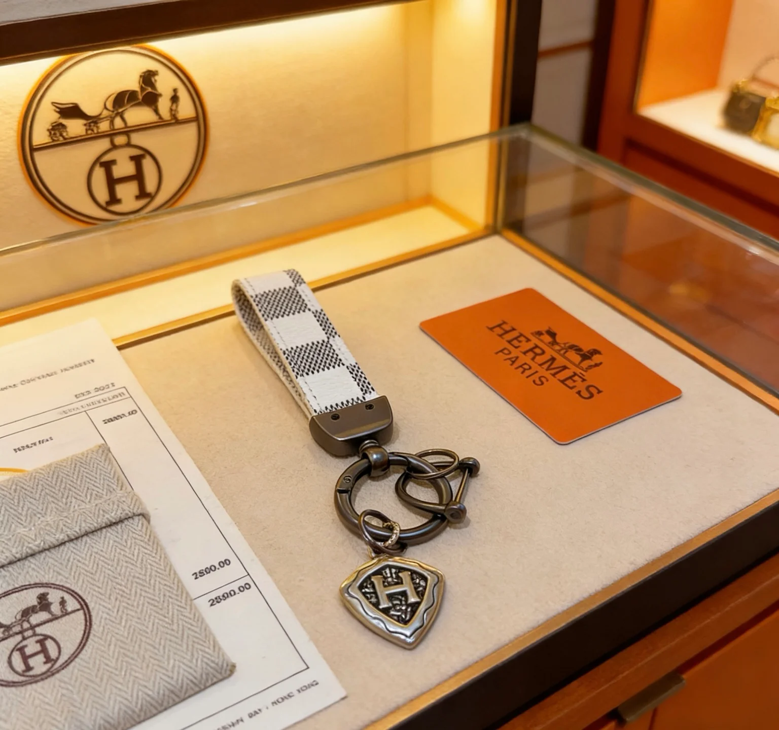Hermes H Shield Key Charm pingente branco e cinza escuro lona xadrez metal bronze antigo tom prateado H Shield Charm 10 cm de comprimento total