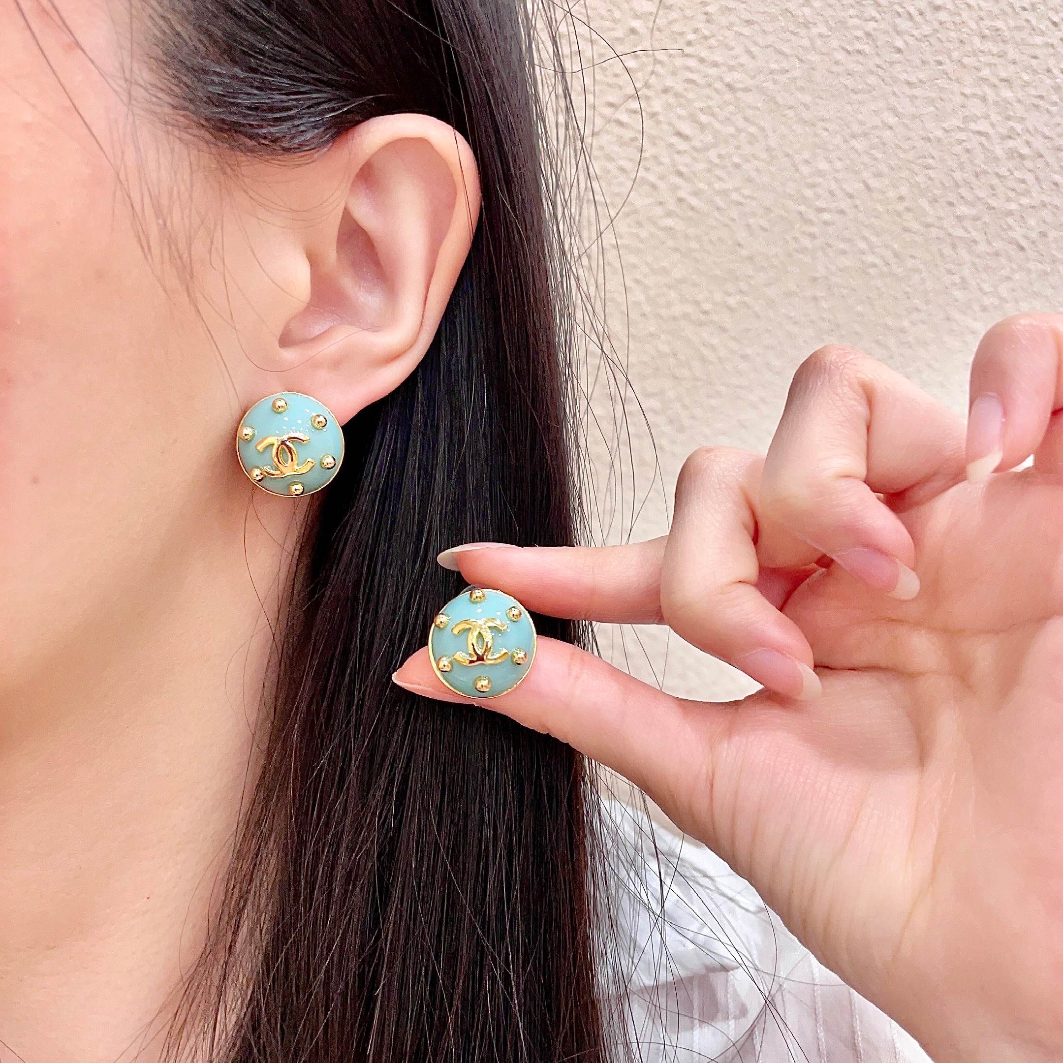 Chanel CC Logo Stud Earrings earrings Gold-tone metal with light turquoise enamel 1 5cm diameter