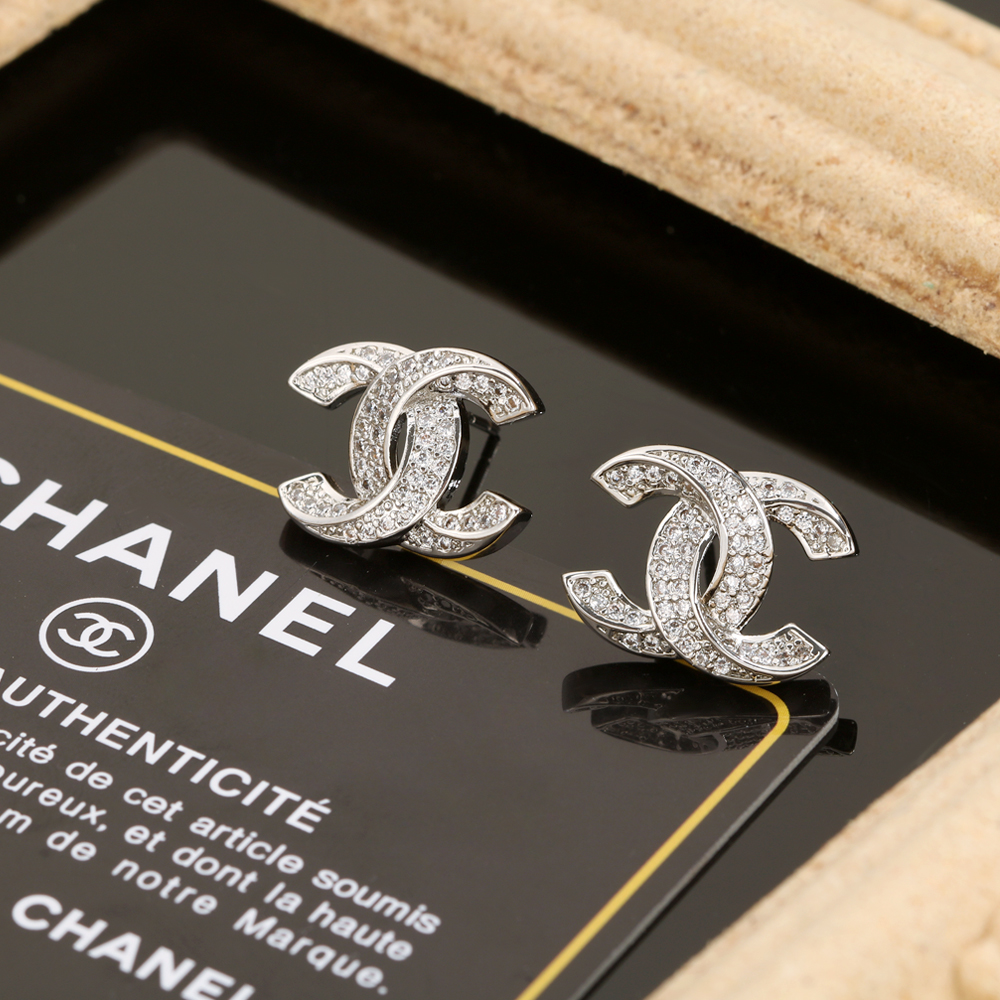 Chanel CC Logo Crystal Stud Earrings earrings silver-toned metal with clear crystal stones 1 5cm stud diameter