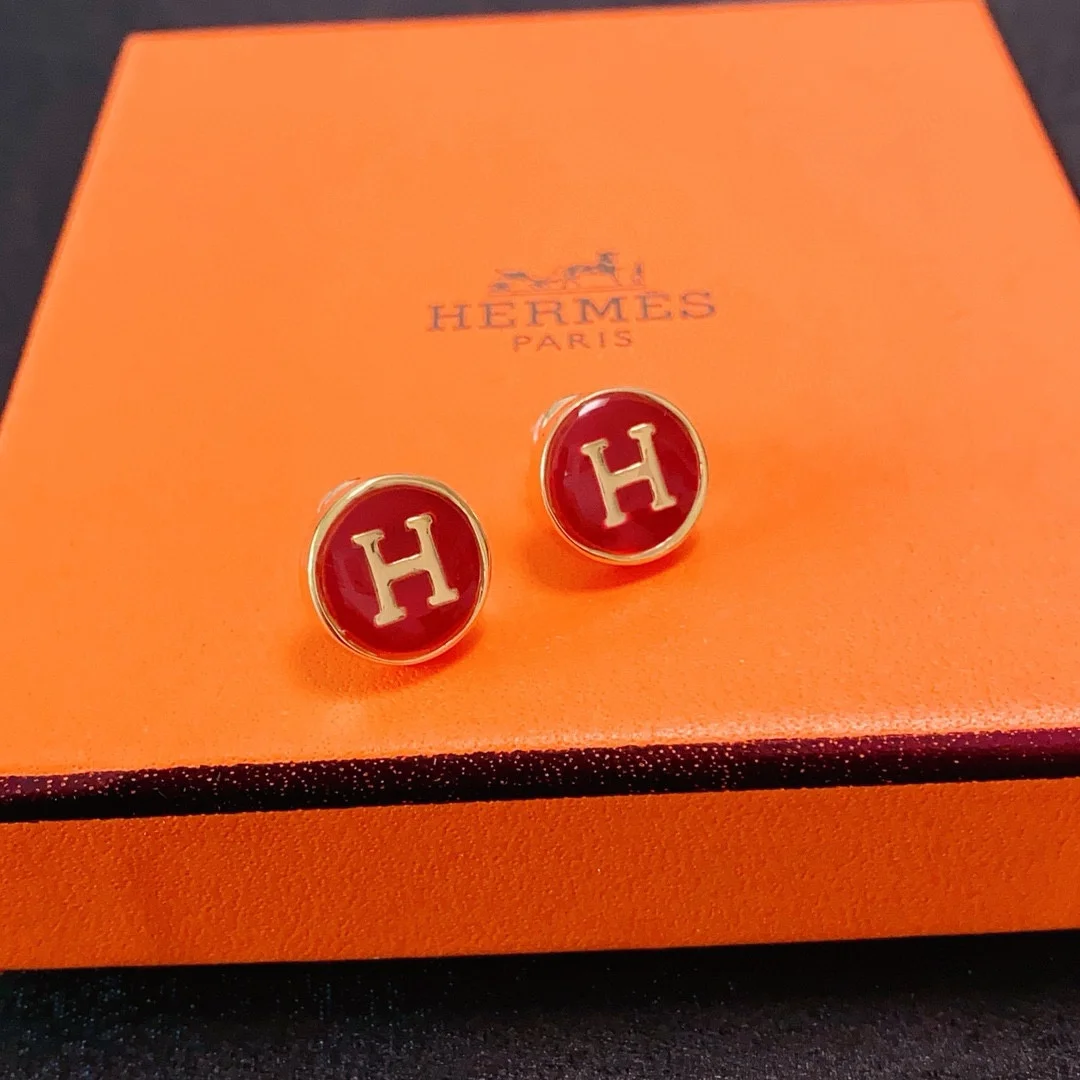Orecchini Hermes H Logo Round Stud orecchini in metallo color oro con smalto rosso diametro 12 mm