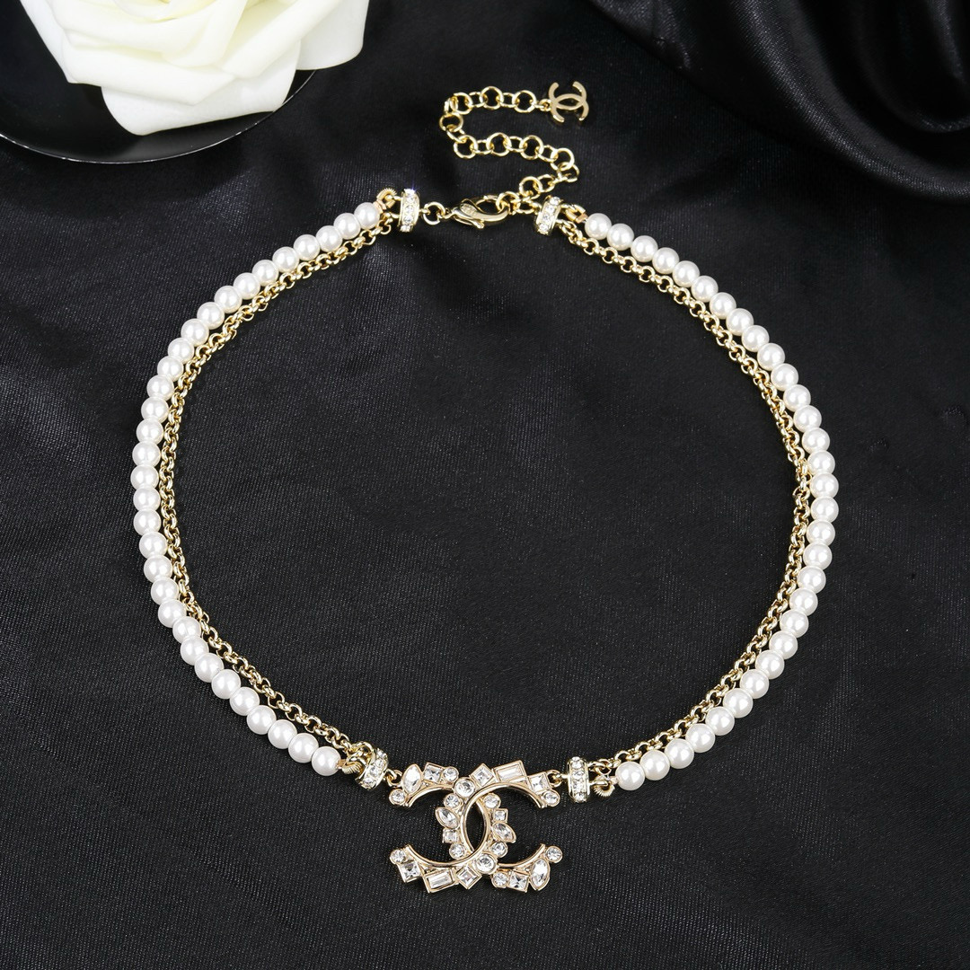Chanel CC Crystal Pearl Choker necklace gold-tone metal white faux pearl clear crystal 40cm with 5cm extender
