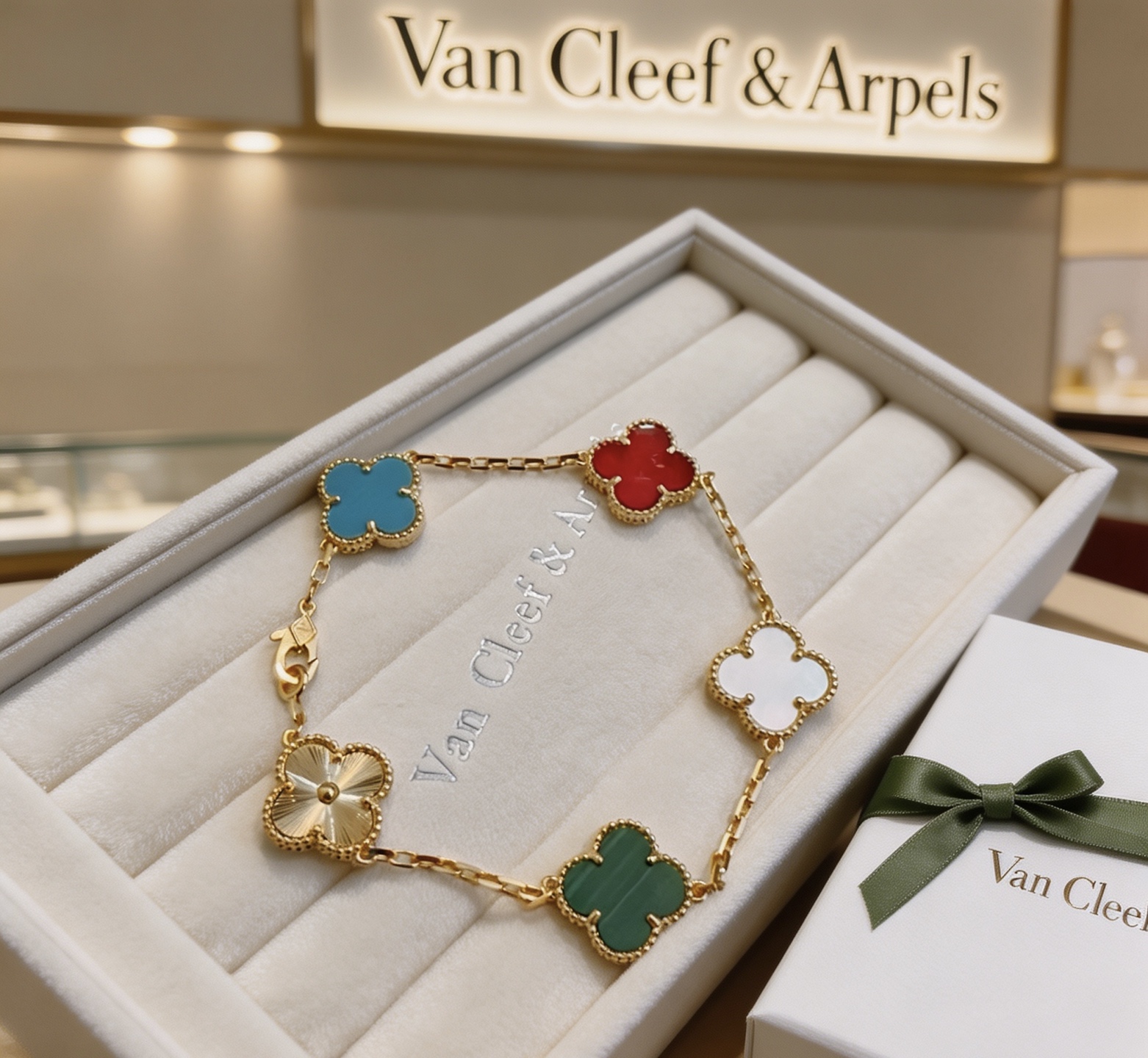 Van Cleef Arpels Alhambra bracelet Yellow gold metal with blue turquoise red carnelian white mother-of-pearl green malachite and gold guilloche clover motifs 17cm