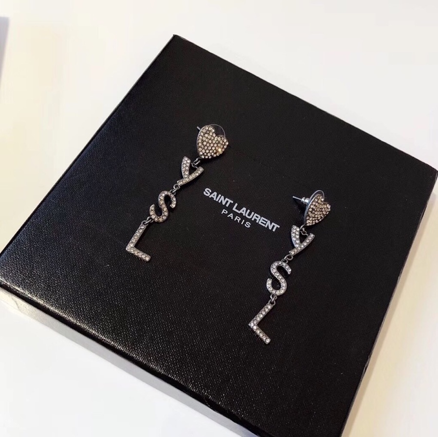 Saint Laurent YSL Logo Heart Drop earrings gunmetal-tone metal with clear crystal pave 6cm drop length