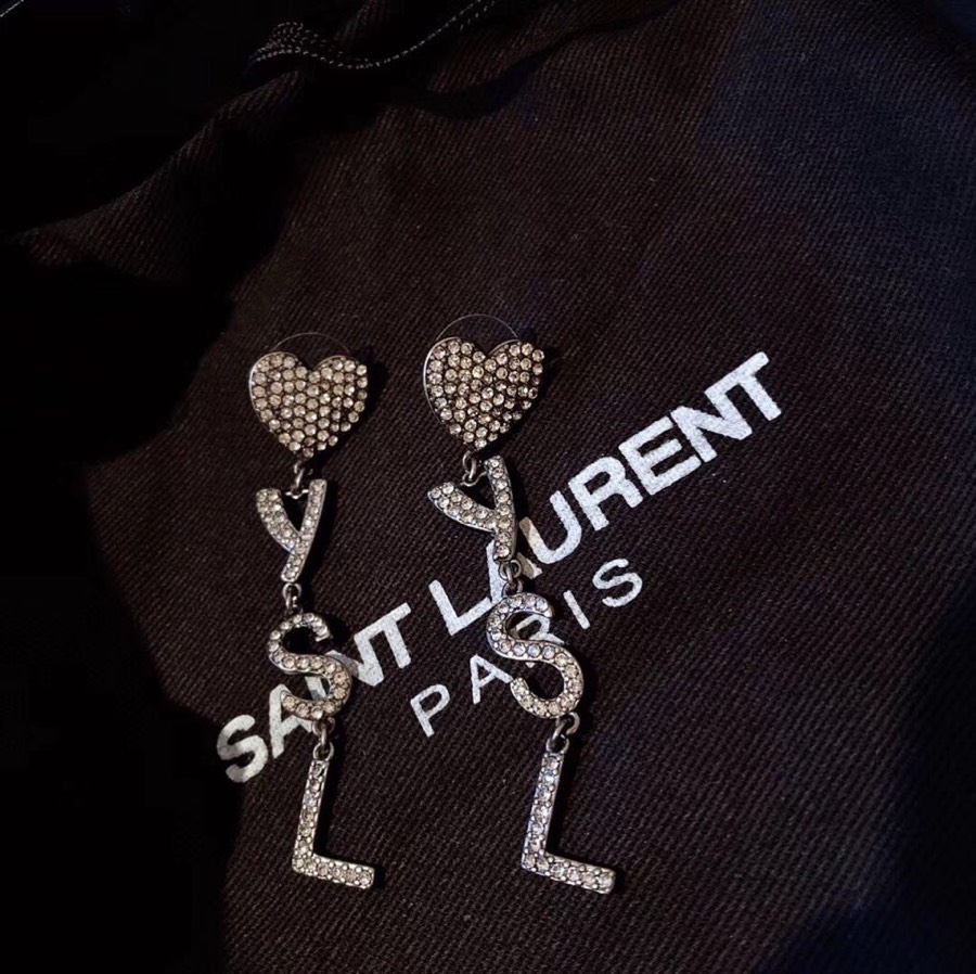 Saint Laurent YSL Logo Heart Drop earrings gunmetal-tone metal with clear crystal pave 6cm drop length