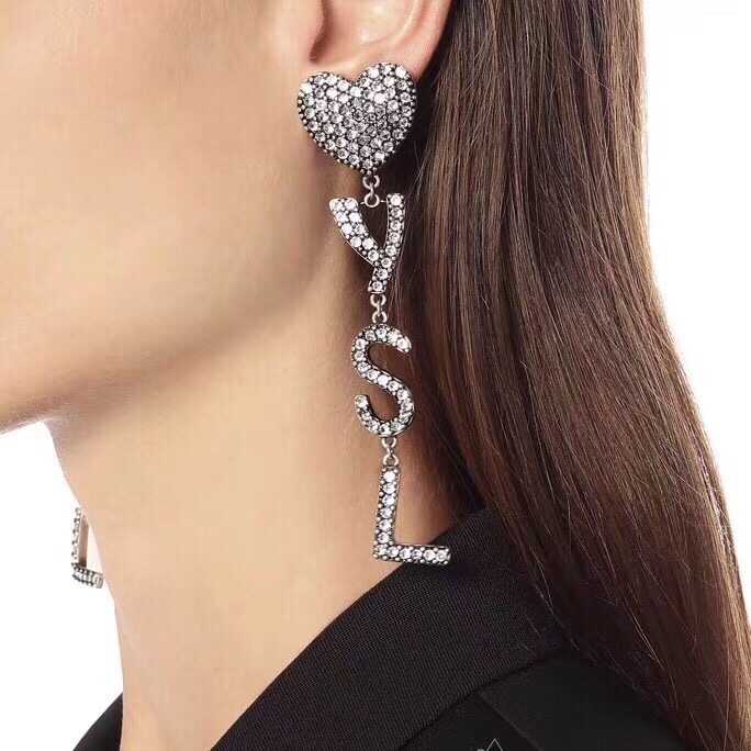 Saint Laurent YSL Logo Heart Drop earrings gunmetal-tone metal with clear crystal pave 6cm drop length