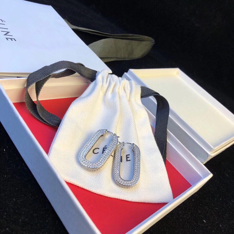 Celine Pave Crystal Rectangular Hoop Earrings earrings silver-toned metal with clear pave crystals 2 5cm hoop length