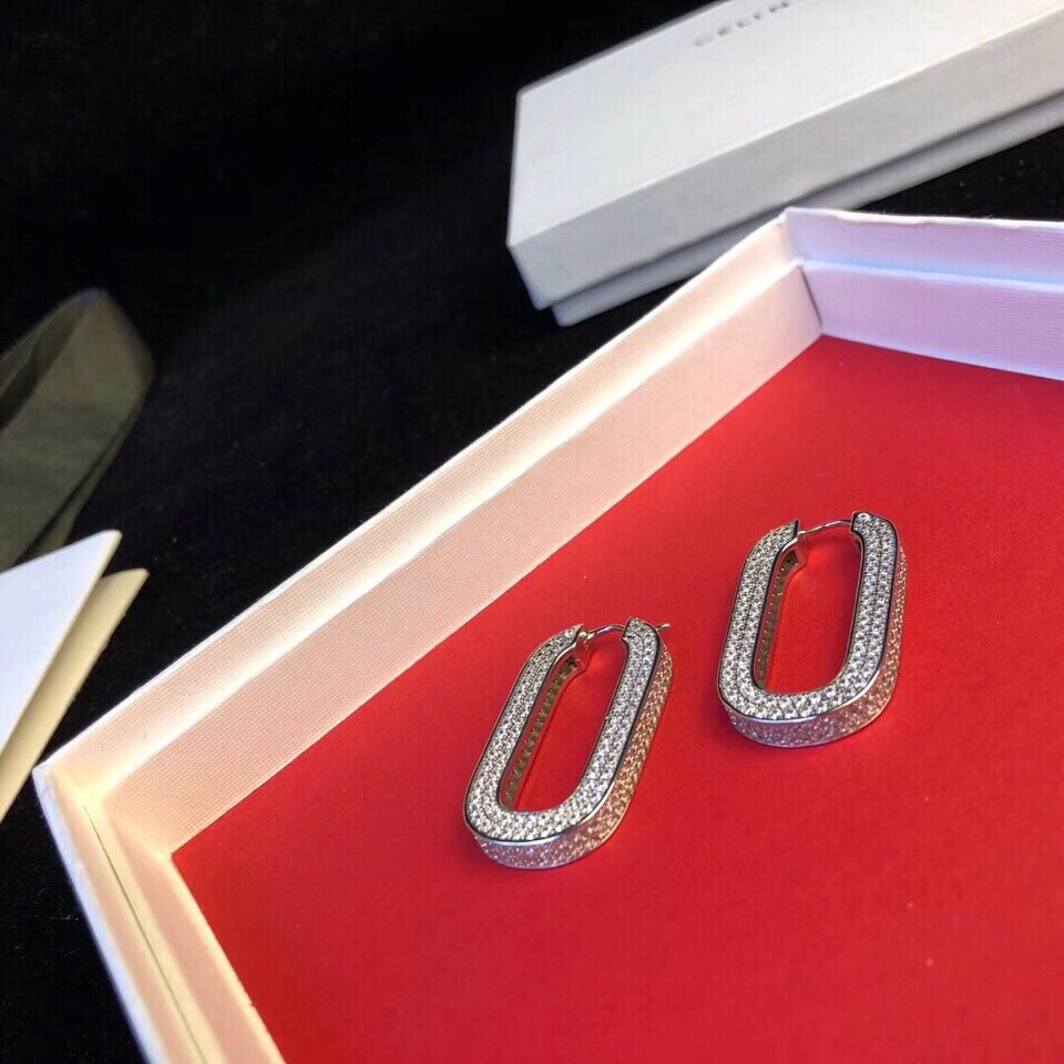 Celine Pave Crystal Rectangular Hoop Earrings earrings silver-toned metal with clear pave crystals 2 5cm hoop length