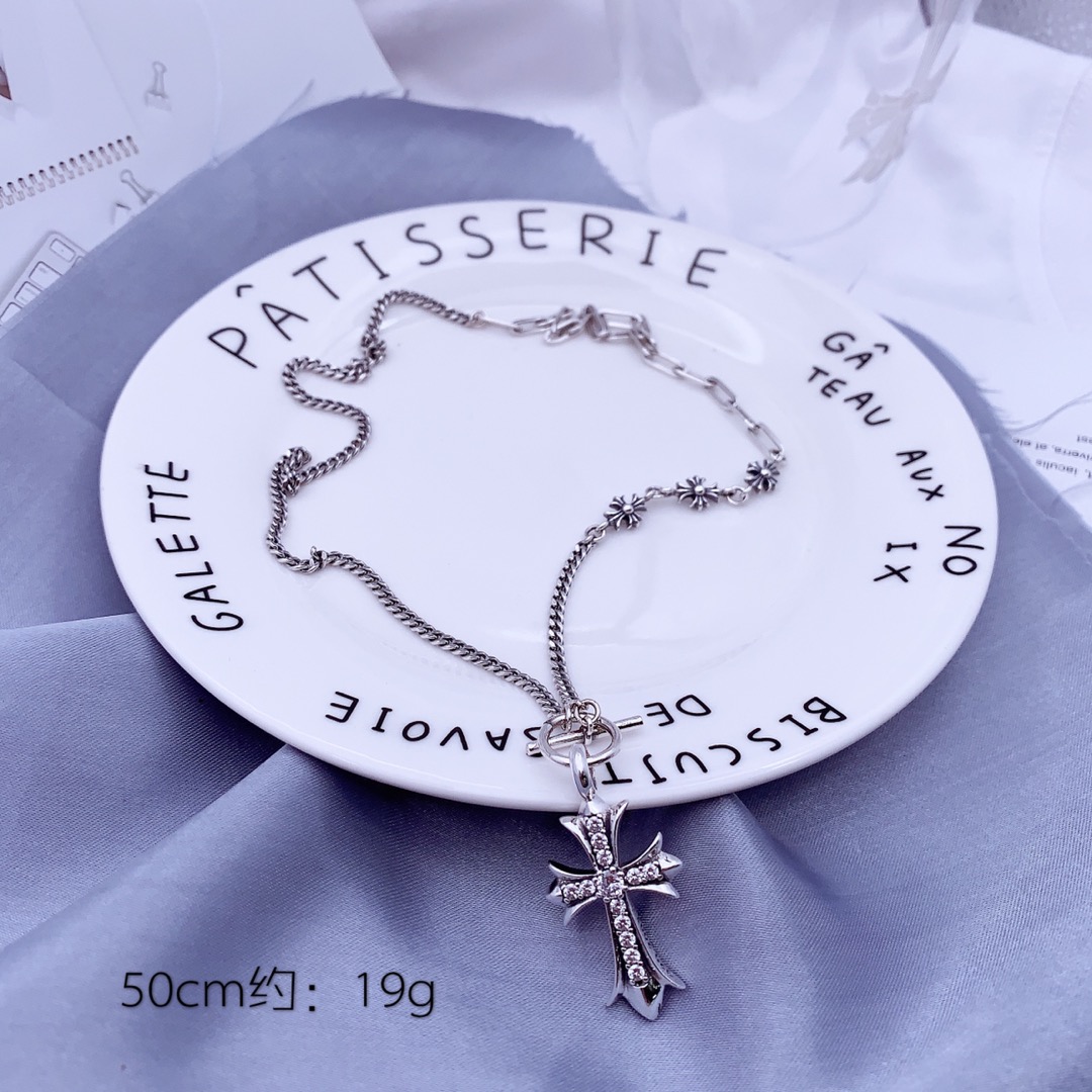 Chrome Hearts Double Cross Pendant OT Chain Necklace necklace Silver-toned metal with clear cubic zirconia stones 50cm