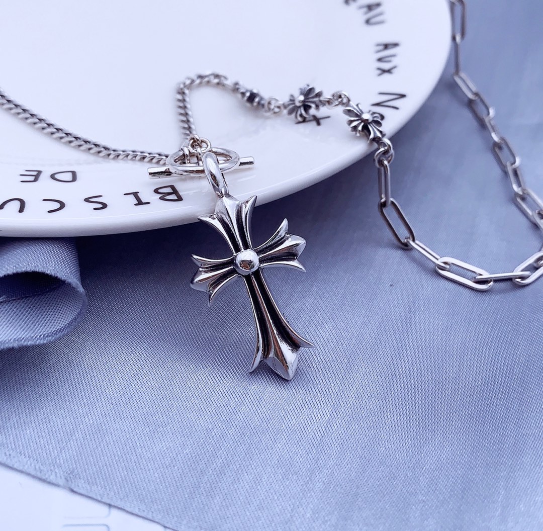 Chrome Hearts Double Cross Pendant OT Chain Necklace necklace Silver-toned metal with clear cubic zirconia stones 50cm